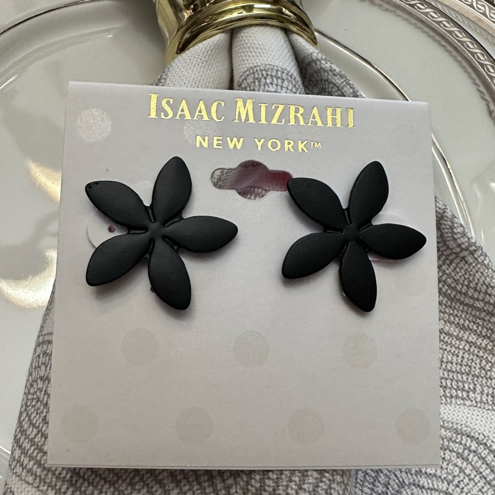 Isaac Mizrahi‎ New York Black Flower Stud Earrings NWT